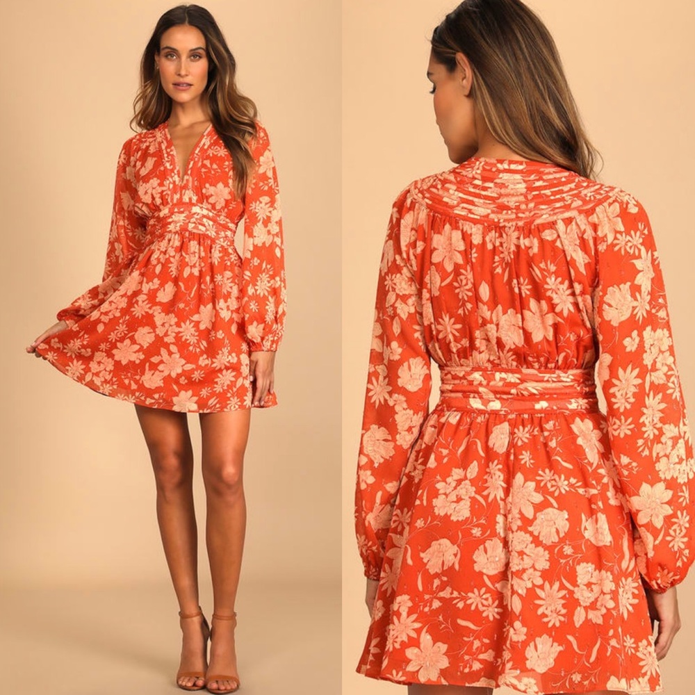 LULUS Gleaming Garden Rust Orange Floral Shimmer Deep V Plunge Mini Dress Medium